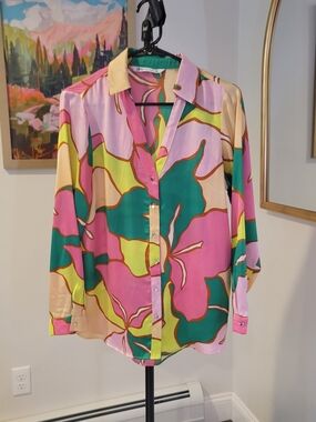 ZARA Abstract Floral Print Blouse Satin Green Pink Women's Size S